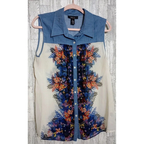 Style & Co Blouse Sheer Sleeveless Button Up Tunic Tank Top Floral Size Large - Picture 1 of 4